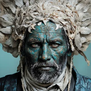 A detailed portrait of a mature man with teal and black textured skin, intricate white feathers forming a crown-like headdress, and a steampunk-inspired aesthetic.
