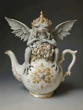 A detailed sculpture of a mature Welsh frog with wings sitting atop an ornate white and gold teapot, featuring intricate brass and grey accents.