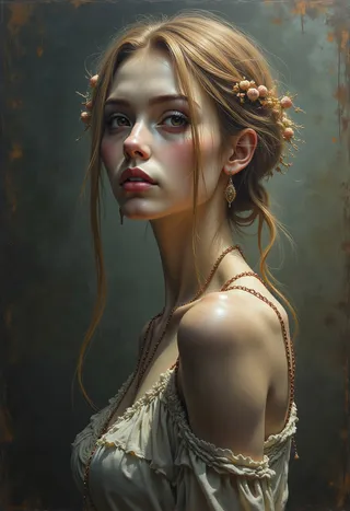Portrait of an elegant young woman with flower hair accessories and gold jewelry, rendered in a detailed matte painting style.