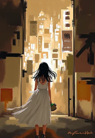 A woman in a flowing white dress stands with her back to the viewer, facing a glowing, sepia-toned Tokyo cityscape rendered in impressionistic style with loose brushstrokes and watercolor washes.
