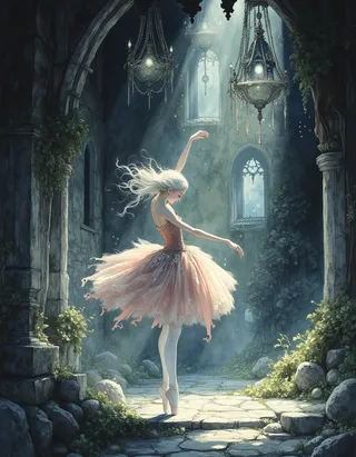 A ballerina princess with porcelain-white skin and long platinum hair dances en pointe in a dusty rose tutu inside a decaying medieval castle lit by moonlight streaming through crumbling Gothic windows.