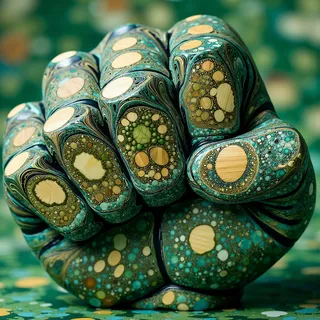 Close-up of a 3D model of a recursive fist made of jade stone with intricate marquetry and paper marbling patterns, composed of expanding icosahedron structures with vibrant and detailed textures.