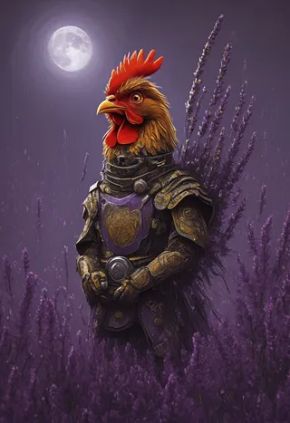 A cyber warrior chicken samurai with a yellow bill and red comb wearing detailed robotic armor stands amidst a lavender field under a full moon.