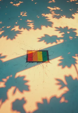 An impressionist-style scene with dappled sunlight and shadows of leaves surrounding a small rectangle pixel composed of distinct primary colors on a textured surface with low saturation and hyperrealistic detail.