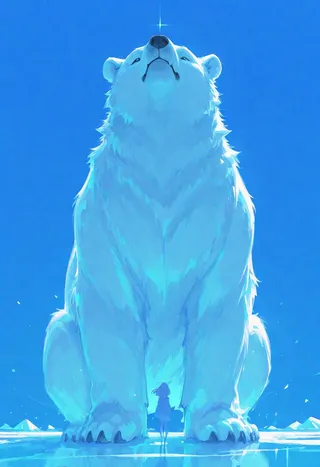 Giant polar bear sitting on icy ground with a small girl standing beneath it against a bright blue sky, featuring anime-style coloring and dynamic soft lighting.