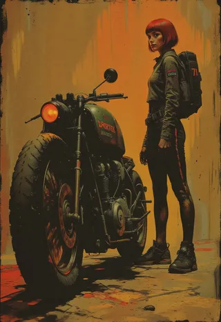 Oil painting on textured canvas depicting a black futuristic motorcycle with red accents next to a young woman with a vivid red bob haircut wearing a dark racing suit, set against a warm ochre-yellow background with cinematic lighting.