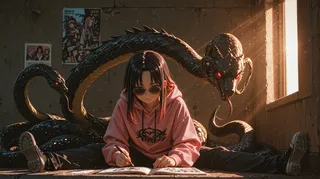 A Medusa-inspired gorgon character wearing sunglasses and a pink hoodie, sitting cross-legged and drawing, surrounded by large black snakes illuminated by twilight sidelighting and light rays in a comic book style.
