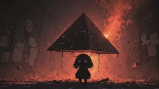 A chibi silhouette figure stands before a large, dark triangle shaped spaceship floating in a fiery dystopian environment with gothic light and shadow effects.