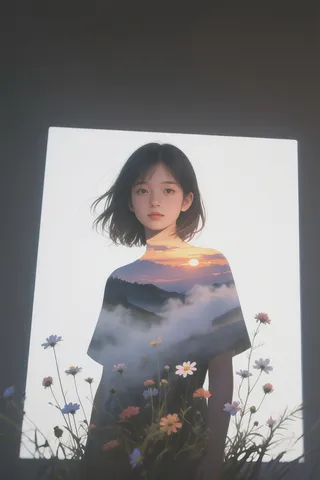 Portrait of a girl with a 5D projection silhouette enclosing a three-dimensional landscape featuring a sunset sky, misty mountains, and wildflowers