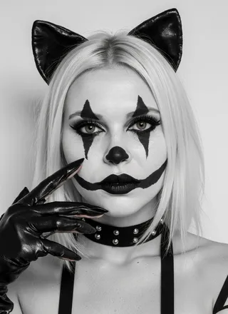 Black and white portrait of a young woman dressed as a dark clown cat, with platinum blonde hair, bold clown makeup, black leather cat ears, studded choker, and claw-like black leather glove.
