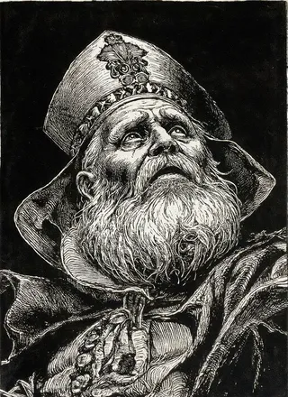 Highly detailed engraving illustration of a demented and evil old pope looking upwards from a high angle, set against a black background in a gothic horror style.