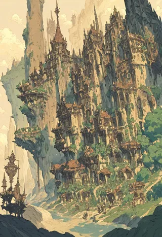 Fantasy map depicting a large university with intricate cliffside buildings and trams running through it, surrounded by a rose garden and lush greenery in an urban fantasy setting.