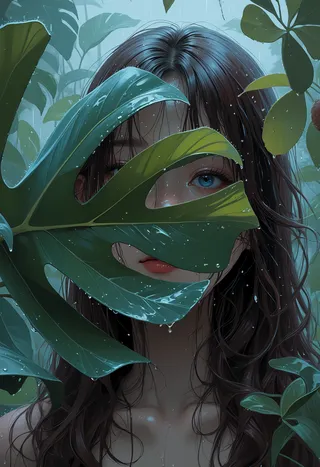 Close-up portrait of a mysterious girl with wet, long brown hair and blue eyes partially hidden behind large tropical leaves in the rain and fog.