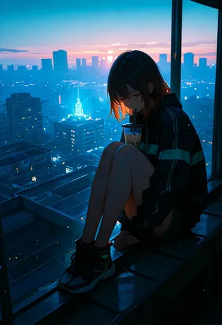 Anime style girl sitting on a rooftop ledge, sipping bubble tea against a glowing futuristic city skyline at twilight with cinematic and volumetric lighting.