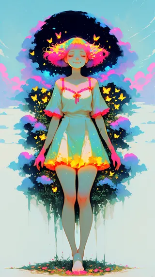 A floating girl with a colorful pink and yellow hairstyle, eyes closed and smiling, in a white dress with pink ribbons surrounded by glowing yellow butterflies in a surreal, dreamlike sky with clouds and vibrant colors.