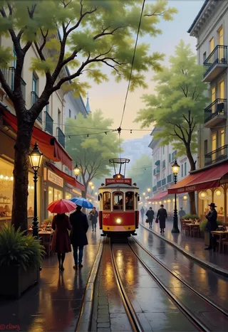 Dipinto in stile impressionista che mostra un tram vintage che si muove su binari di ciottoli bagnati in una strada europea durante una sera di primavera, con persone che tengono ombrelli colorati e alberi di castagno che fiancheggiano la strada.