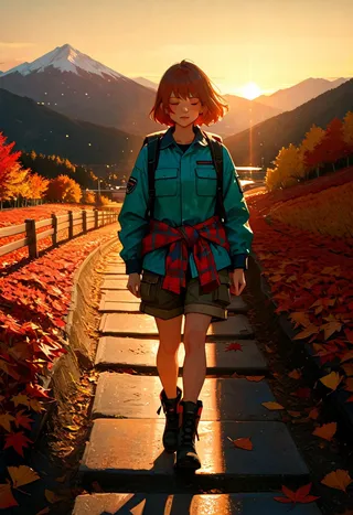 Anime girl walking on a mountain path surrounded by autumn leaves during sunset, with vibrant fall colors and cinematic sunset lighting.