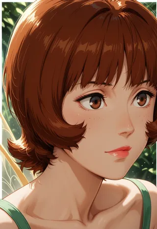Close-up portrait of an anime girl with short brown hair, brown eyes, freckles, and fairy wings, wearing a green dress with light particles in the background.