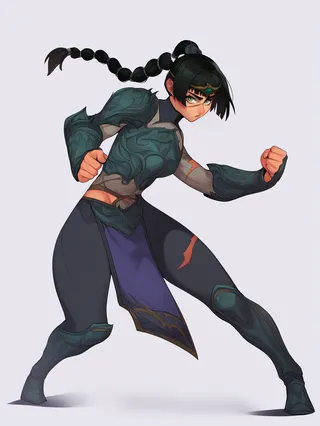 A full-body anime-style female warrior with black braided ponytail, green eyes, scar on her face, wearing detailed armor and a circlet, posed in a fighting stance on a white background.