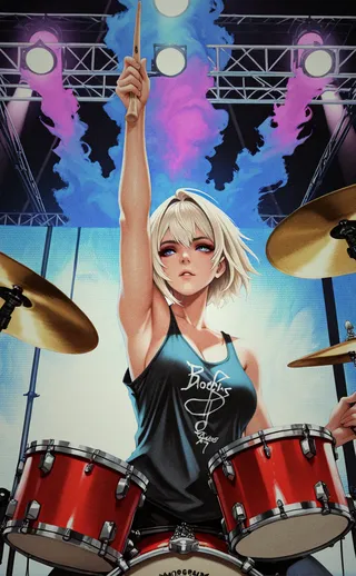 Young female drummer with blonde hair raising a drumstick high while playing red drums against a concert stage with floodlights and colorful smoke effects.