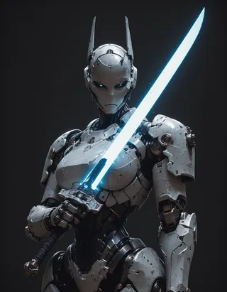 Close-up of a female cyborg crusader holding a blue glowing sword with a full metallic body, detailed mechanical arms, and headgear set against a black background.
