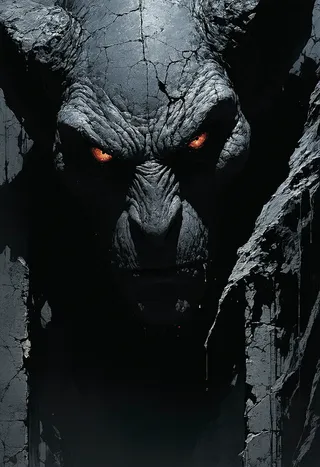 Extreme close-up of a stone gargoyle head with glowing amber eyes, high-contrast black and white textures and dramatic shadows emphasizing cracked weathered stone.