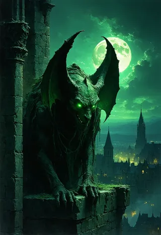 Un gargoyle dark fantasy posato su una mensola di pietra con occhi verdi luminosi, illuminato dal chiaro di luna, su uno sfondo di città medievale nebbiosa.