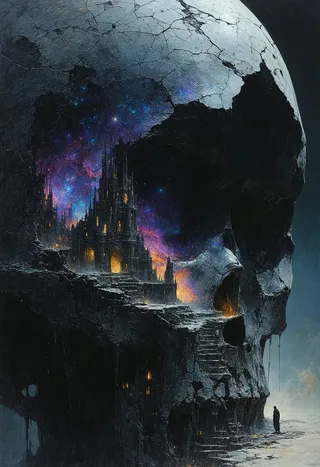 A dark fantasy scene depicting a giant cracked skull forming a towering gothic city illuminated by nebula-like light and moonlight, with a lone figure at the base.
