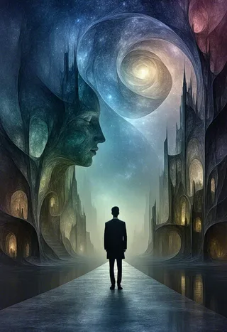 반사되는 길 위에 홀로 선 인간 실루엣이 불가능한 Escher 스타일 건축물, 천상의 빛줄기, 우주적 소용돌이 형상이 있는 초현실적 도시 풍경을 바라보고 있다.