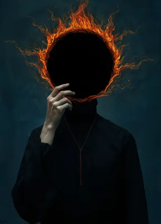 A surreal portrait of a faceless figure with a burning void replaced by a flame-rimmed black eclipse, set against a muted twilight blue background.