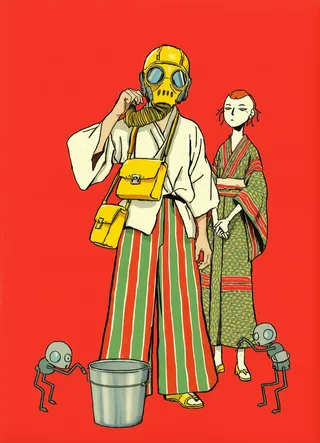 A vintage-style illustration with a bold coral red background featuring two stylized figures; one wearing a yellow gas mask, striped pants and yellow bags, the other in a patterned kimono, surrounded by small humanoid robots and a silver bucket.