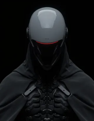 Close-up of a futuristic helmet with a sleek black visor featuring a red glowing line, paired with black cybernetic armor and a dark cape against a black background.