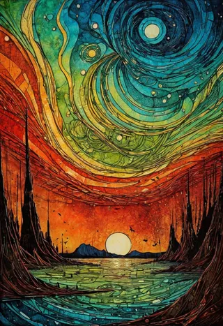 A dramatic collagraph depicting a vibrant sunset landscape with swirling sky patterns and an abstract surreal scenery, inspired by Genndy Tartakovsky's style.