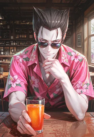 Adult male with slicked back hair and sunglasses wearing a pink floral Hawaiian shirt, holding a glass of orange juice inside a cafe.