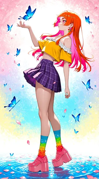 Side view of a girl with long orange and pink hair standing in water with ripples, surrounded by blue butterflies and cherry blossom petals, wearing a yellow off-shoulder crop top, purple plaid skirt, colorful rainbow socks, and pink platform shoes.