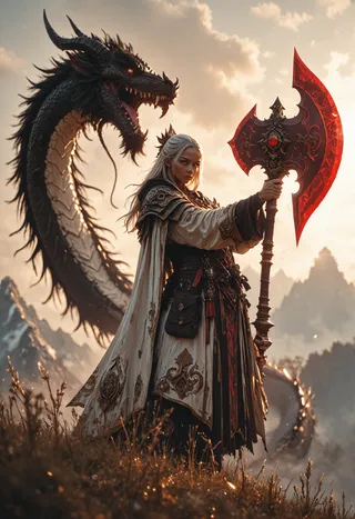 Photorealistic fantasy scene of a white-haired warrior woman holding a large red battle axe with an intricate design, standing outdoors in dynamic pose, with a fierce eastern dragon swirling in the background under cinematic lighting.