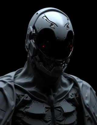 Close-up of a futuristic helmet with a smooth white surface, black visor with subtle red highlights, and robotic armor under dim lighting.