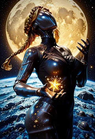 A robot girl with braided blonde hair and metallic skin stands on the moon’s surface, holding a glowing star with Earth and a large moon in the background.