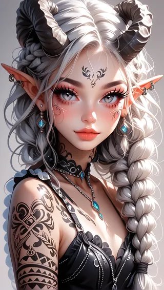 Demon girl with large curled horns, grey eyes, white braided hair, intricate tattoos on one arm, elf ears with multiple piercings, and ornate turquoise jewelry against a neutral background.