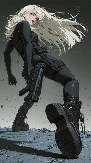 Dynamic angled anime-style illustration of a female character with platinum blonde hair wearing a black tactical bodysuit and combat boots, holding a submachine gun against a grey, glitch-effect background.