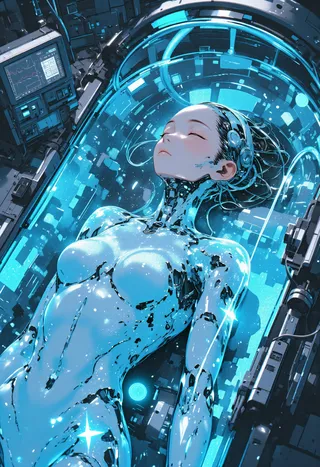 A cyborg woman in a sleek mechanical suit floats asleep in a glowing cryogenic chamber filled with luminous liquid, connected to monitors displaying her vital signs.