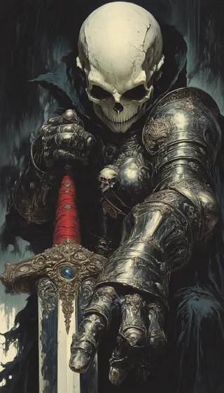A dark digital painting of a skull-headed knight wearing detailed ornate armor, holding a decorated sword with a red hilt, set against a shadowy background with dramatic lighting.