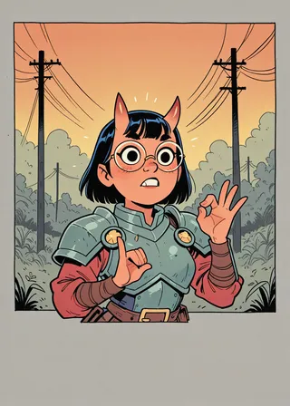 Oni girl with horns and round glasses wearing armor pauldrons making an OK gesture, with power lines and trees in the background at sunset.