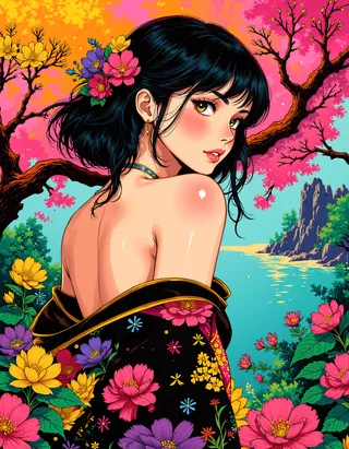 Pop art coloré d’une fille orientale regardant par-dessus son épaule, entourée de fleurs printanières vibrantes et d’un paysage pittoresque avec un éclairage latéral dramatique.