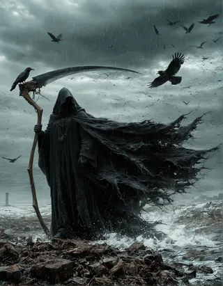 A photorealistic Grim Reaper in tattered black robes holding an ornate dark metallic scythe with a black crow perched on it, standing on barren, rocky ground under a dark, stormy, overcast sky filled with flying birds.