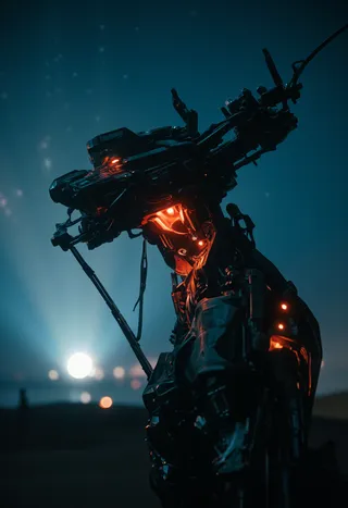 A hyperrealistic robotic figure illuminated by dramatic cinematic lighting with glowing orange highlights and a blurred bokeh background.