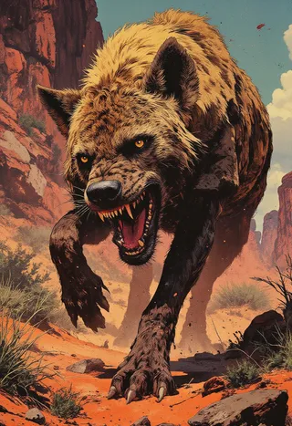 Hyperrealistic digital painting of an aggressive wild hyena with jagged teeth, intense eyes, and raised hackles in a sunlit savannah landscape.