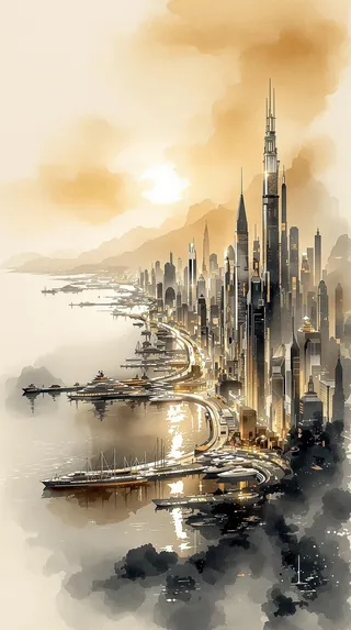 A sweeping coastal cityscape illustrated on delicate rice paper with sepia and ink tones, featuring ultramodern skyscrapers and superyachts along the harbor under a gradient sky.