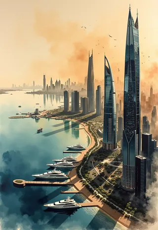 A sweeping coastal cityscape featuring sleek ultramodern skyscrapers and luxury superyachts docked at the harbor, depicted with soft gradient skies and subtle watercolor and ink effects.