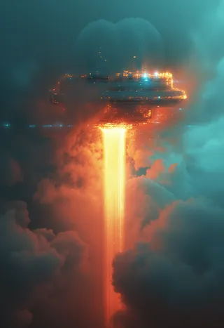 A sci-fi spaceship emitting a bright, fiery exhaust flame surrounded by dense clouds under dramatic cinematic lighting, evoking an otherworldly atmosphere.